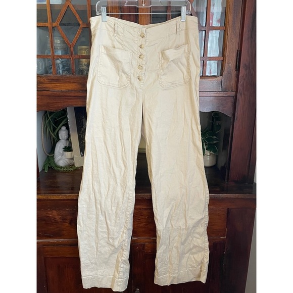 Marve by Anthropologie Pants - Maeve by Anthropologie Wide Leg Linen Blend Button Fly Pants Beige Women's US 14